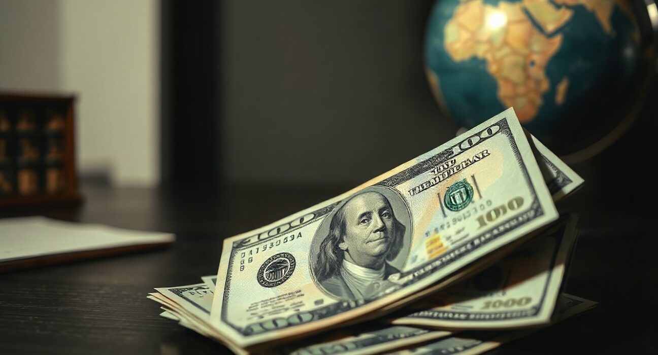 Stack of US dollar bills on a desk with a globe in the background representing global uncertainty