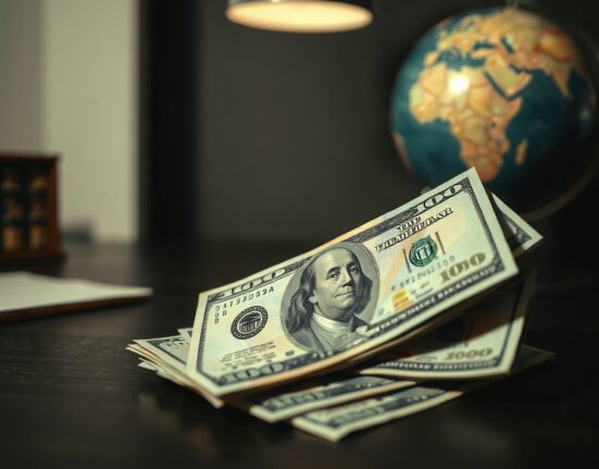 Stack of US dollar bills on a desk with a globe in the background representing global uncertainty