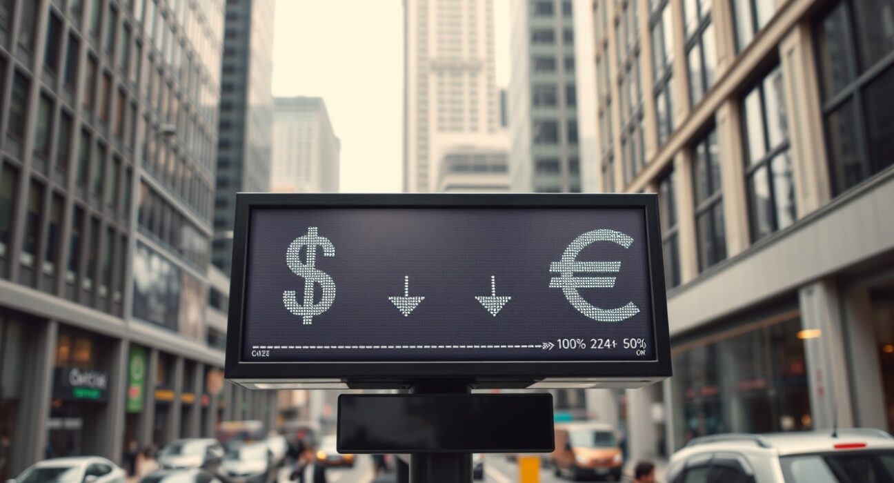 Digital currency exchange board showing dollar and euro symbols with directional arrows in a financial district.