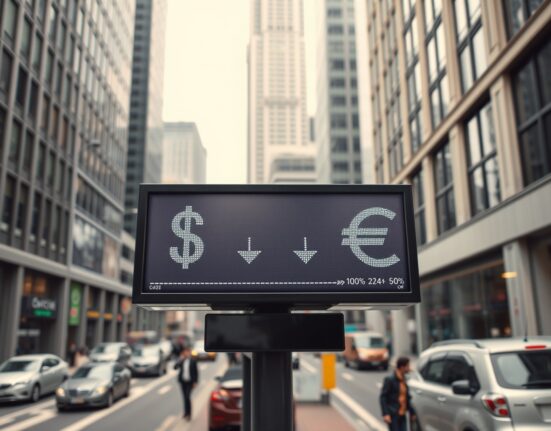 Digital currency exchange board showing dollar and euro symbols with directional arrows in a financial district.