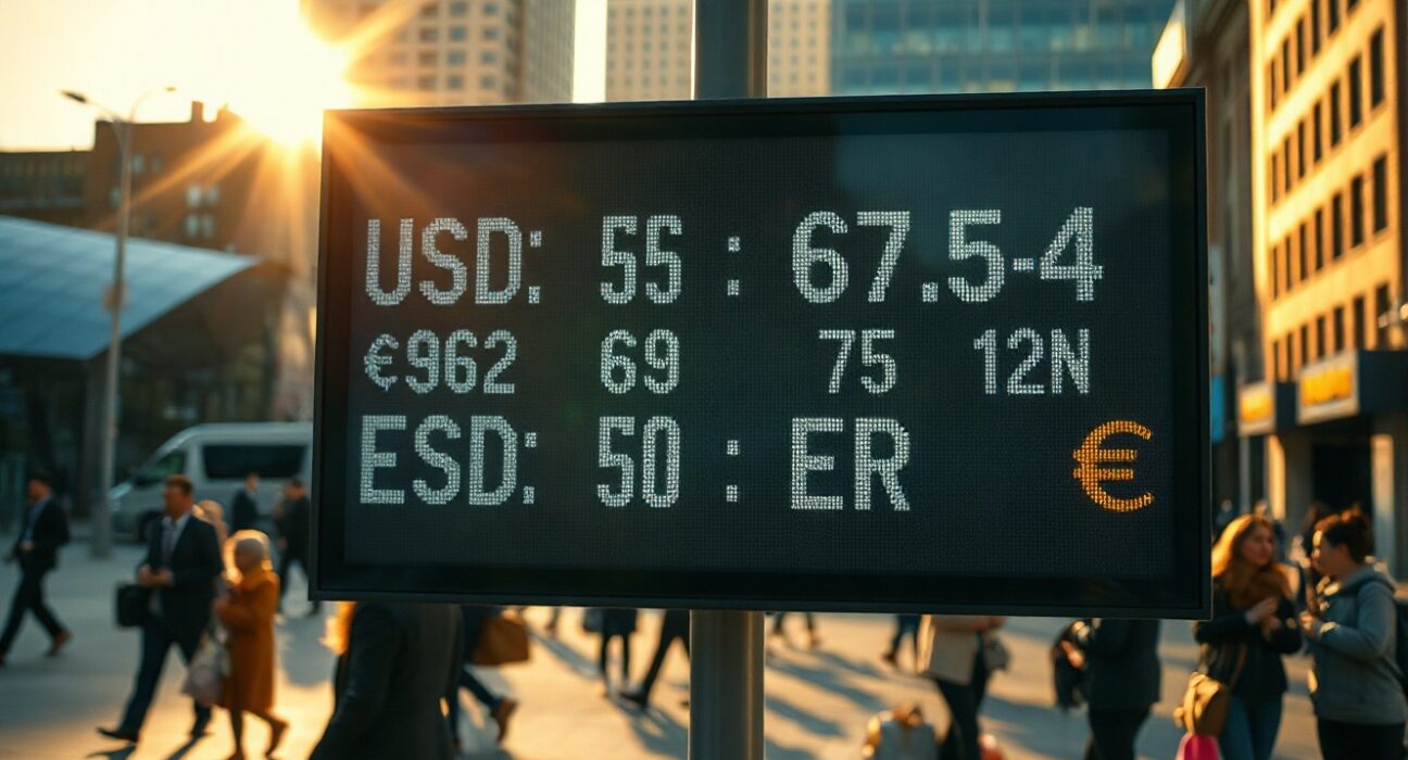Currency exchange board showing fluctuating USD and EUR rates in a financial district