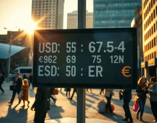 Currency exchange board showing fluctuating USD and EUR rates in a financial district