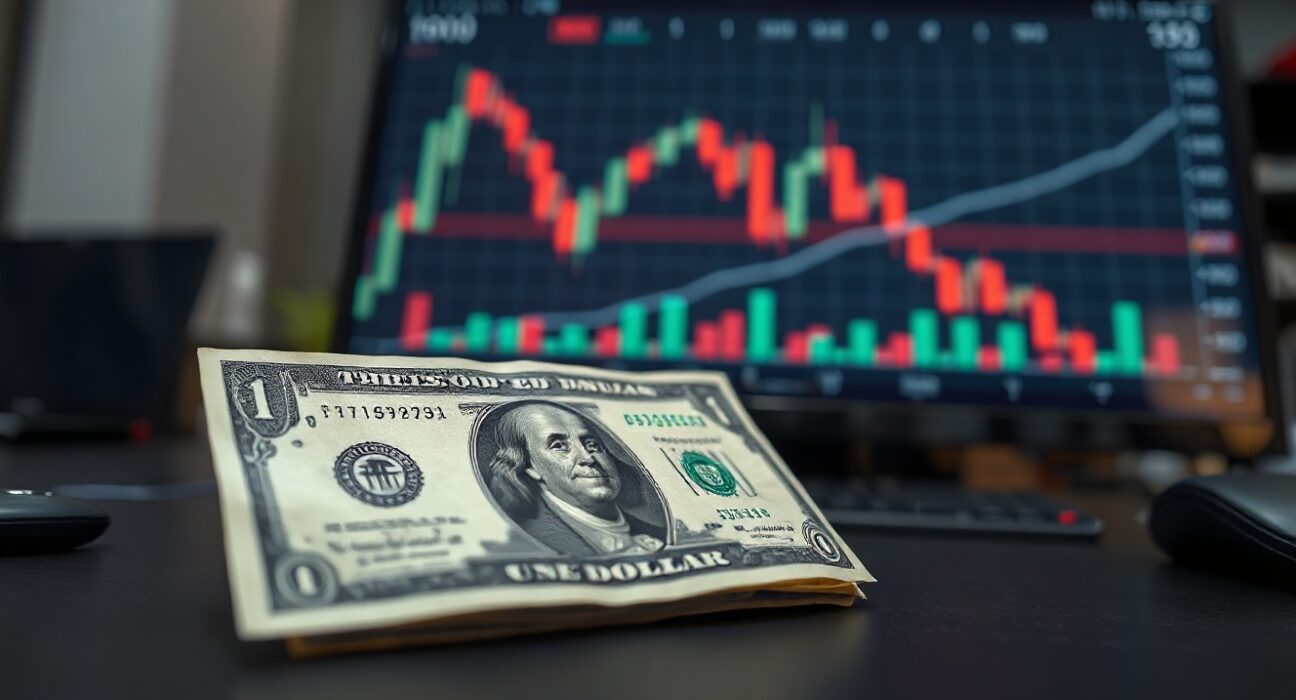 US dollar banknote on trading desk with declining chart on monitor