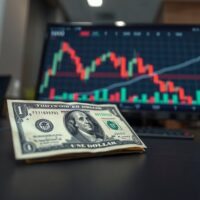 US dollar banknote on trading desk with declining chart on monitor