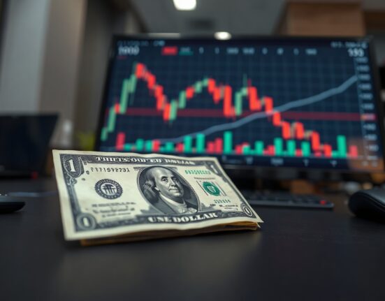 US dollar banknote on trading desk with declining chart on monitor
