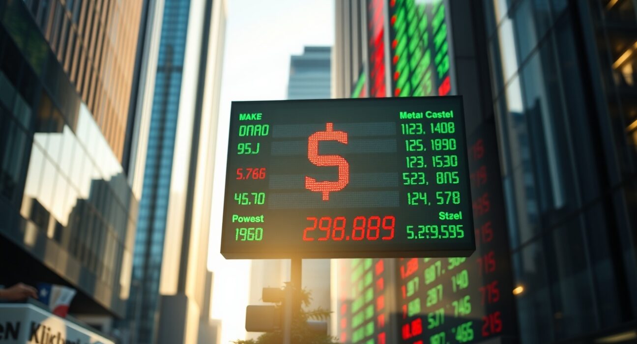 Digital currency exchange board showing the U.S. dollar index in a financial district