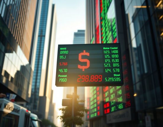 Digital currency exchange board showing the U.S. dollar index in a financial district