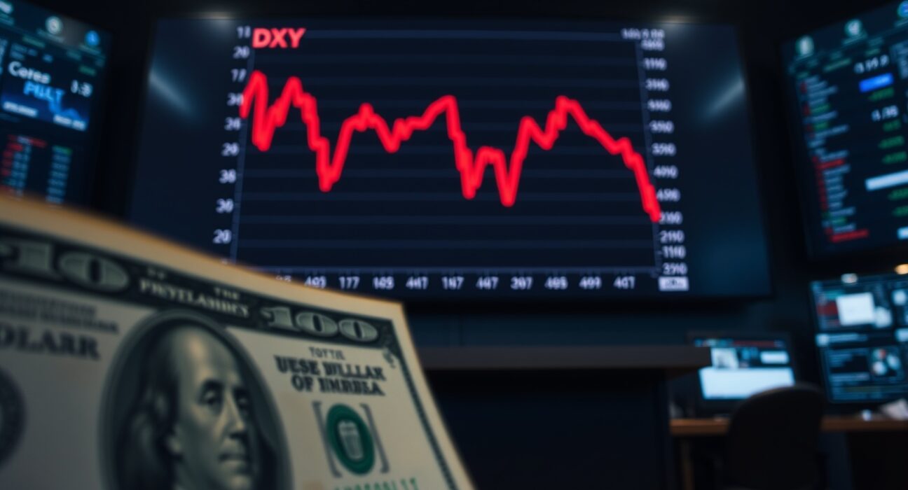 US dollar bill in foreground with falling DXY chart in background representing currency market movement.