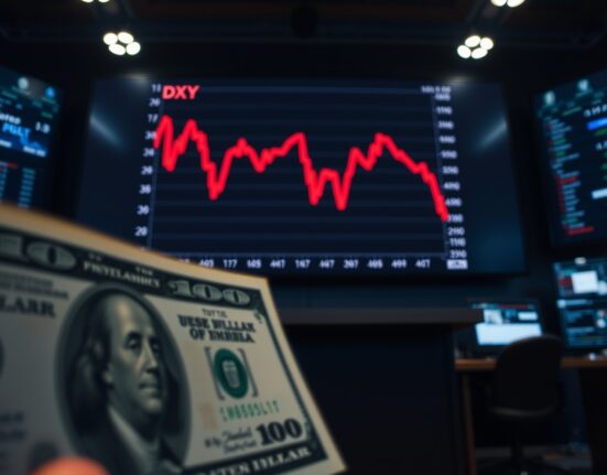 US dollar bill in foreground with falling DXY chart in background representing currency market movement.