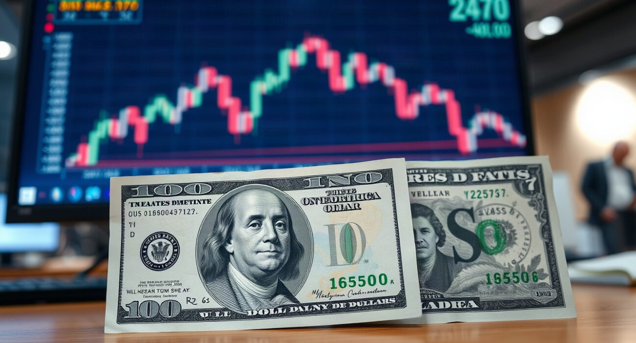 US dollar and Canadian dollar banknotes with a financial chart in background