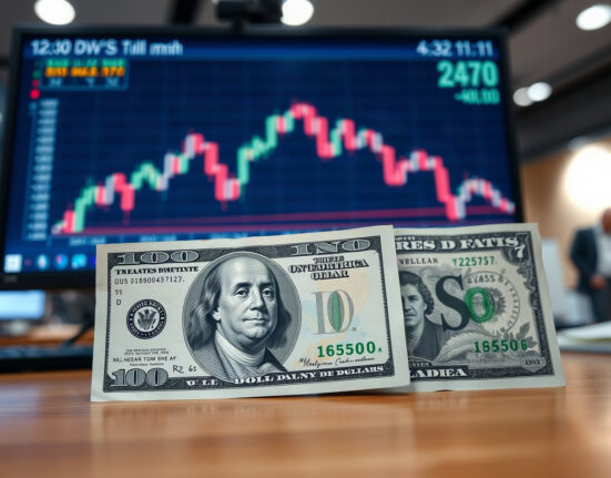US dollar and Canadian dollar banknotes with a financial chart in background