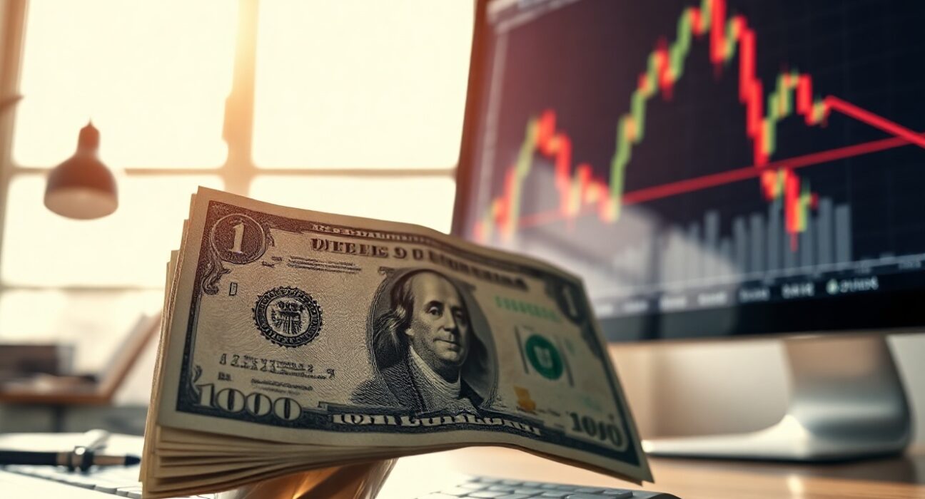 US dollar banknote with financial chart showing decline