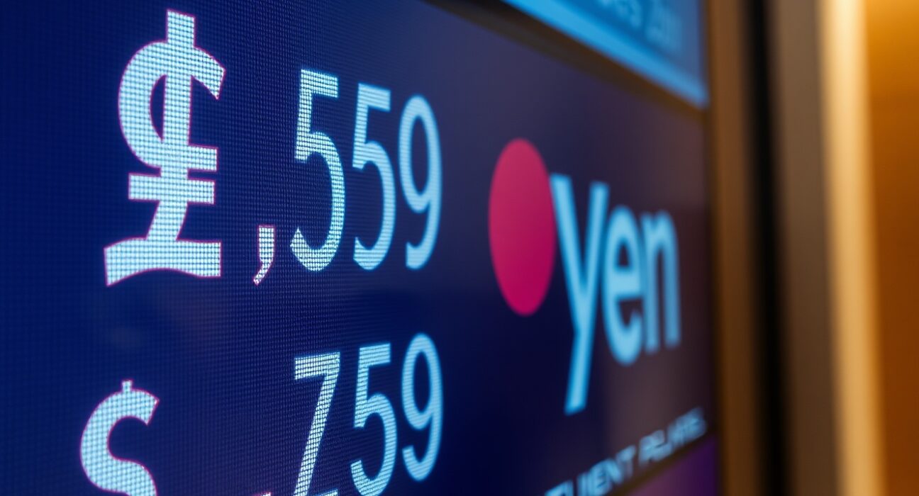 Currency exchange board showing US dollar and Japanese yen rates with a declining dollar trend