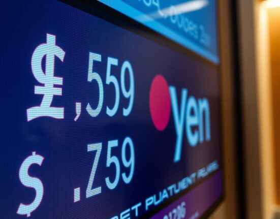 Currency exchange board showing US dollar and Japanese yen rates with a declining dollar trend
