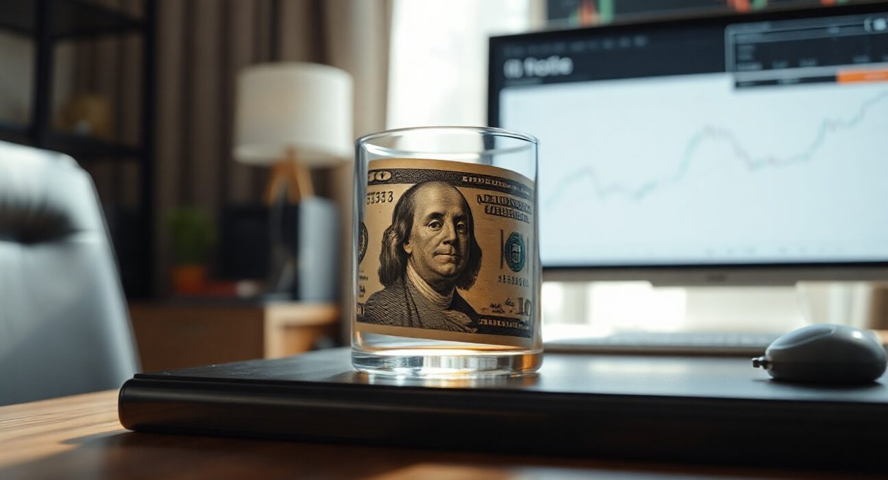 US dollar bills and a small oil barrel on a desk, representing currency and commodity markets.