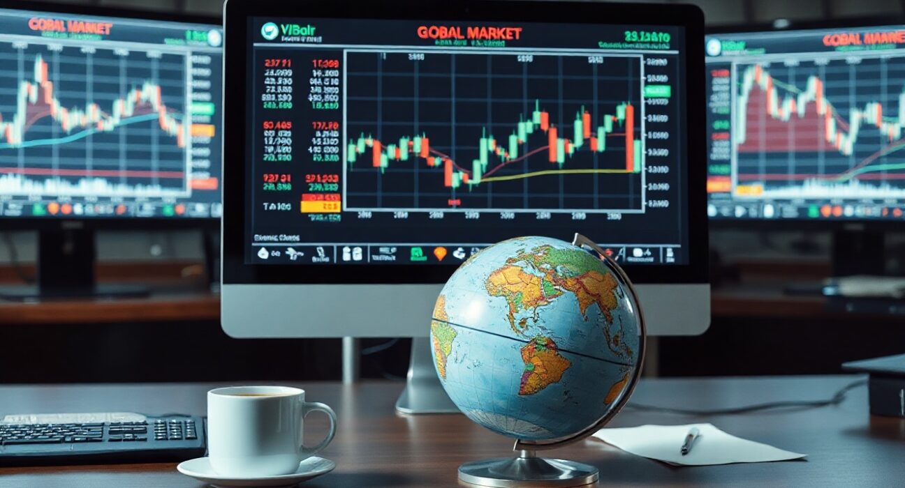 Trading screen showing currency charts and a globe on a desk in a financial office