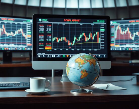 Trading screen showing currency charts and a globe on a desk in a financial office