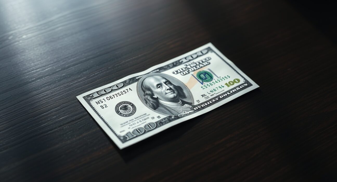 US dollar bill on desk with financial chart showing a downward trend, representing currency market reaction to inflation data.