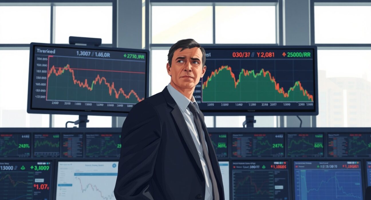 Trader monitors falling US dollar exchange rates amid Iran ceasefire news affecting currency markets