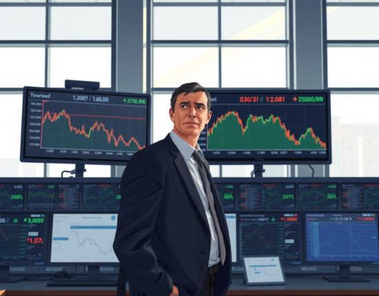 Trader monitors falling US dollar exchange rates amid Iran ceasefire news affecting currency markets