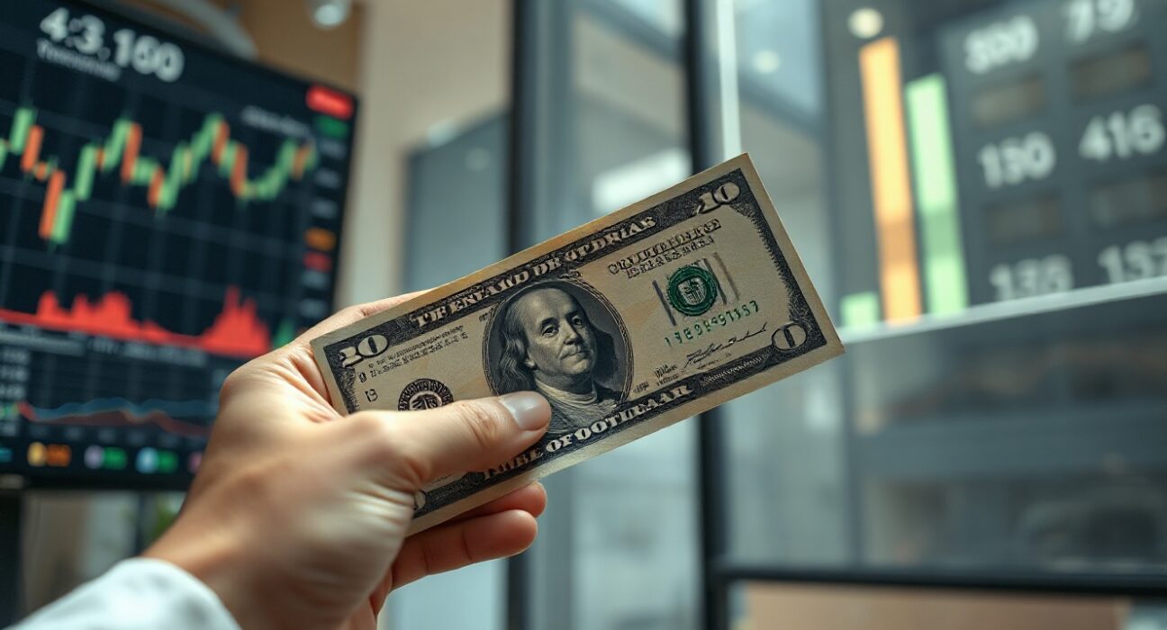 US dollar banknote held in hand with financial charts in background, representing labor market impact on currency.