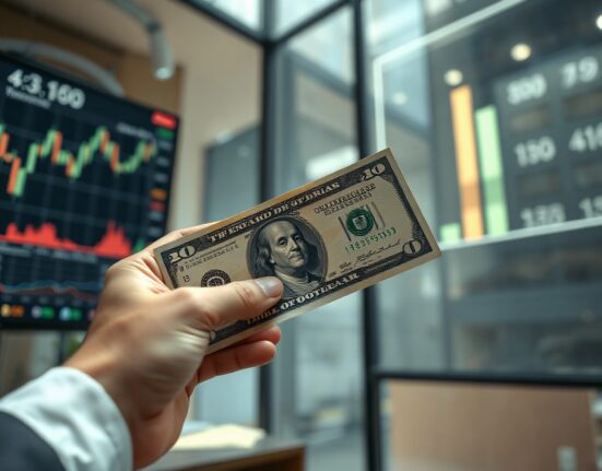 US dollar banknote held in hand with financial charts in background, representing labor market impact on currency.