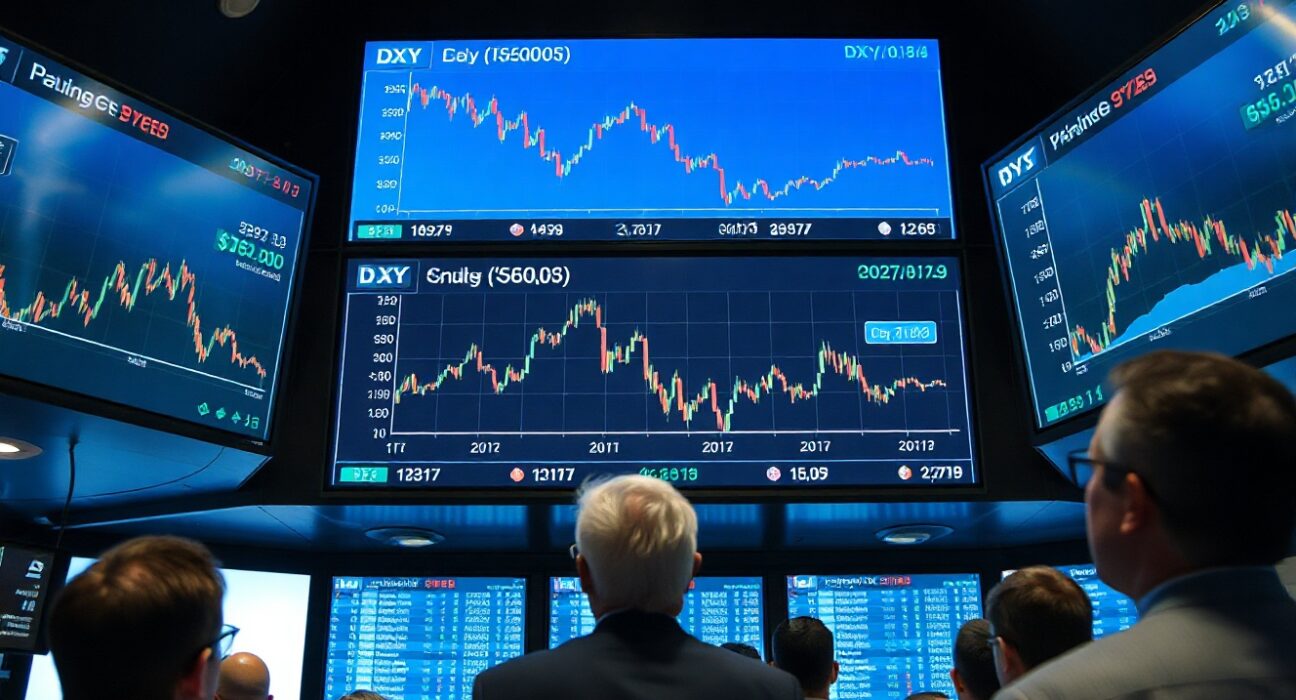 Trading floor screens showing falling dollar and oil price charts