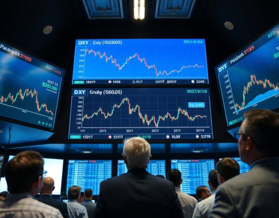 Trading floor screens showing falling dollar and oil price charts