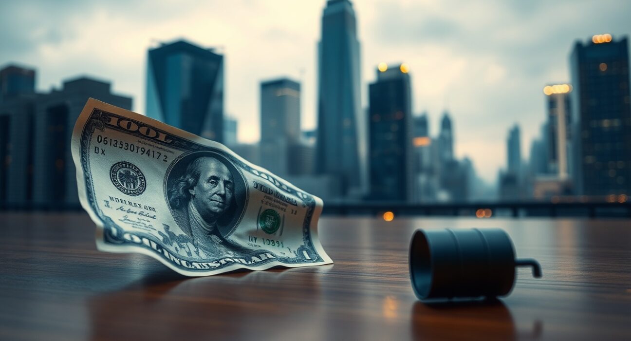 US dollar bill sliding on a desk next to a tipped oil barrel with a blurred city skyline in the background