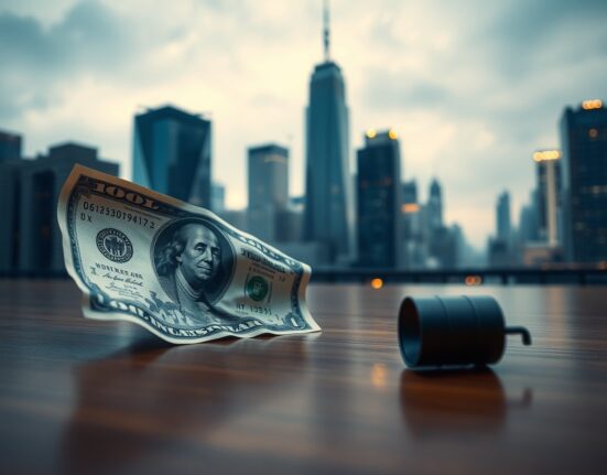US dollar bill sliding on a desk next to a tipped oil barrel with a blurred city skyline in the background