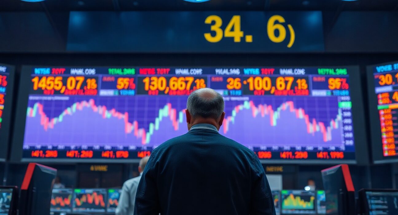 Forex trading floor with digital screens showing declining US dollar index and global market data.