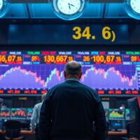 Forex trading floor with digital screens showing declining US dollar index and global market data.