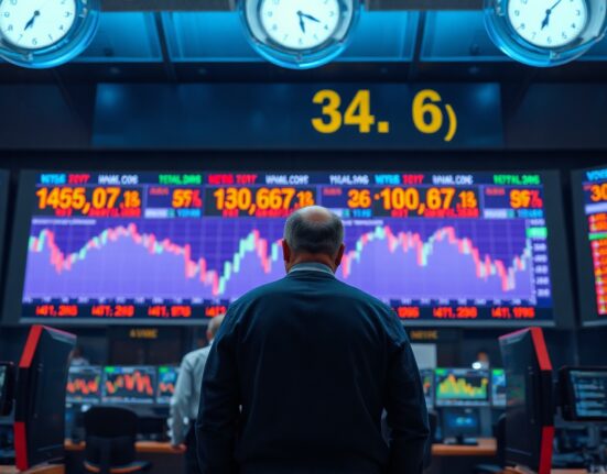 Forex trading floor with digital screens showing declining US dollar index and global market data.