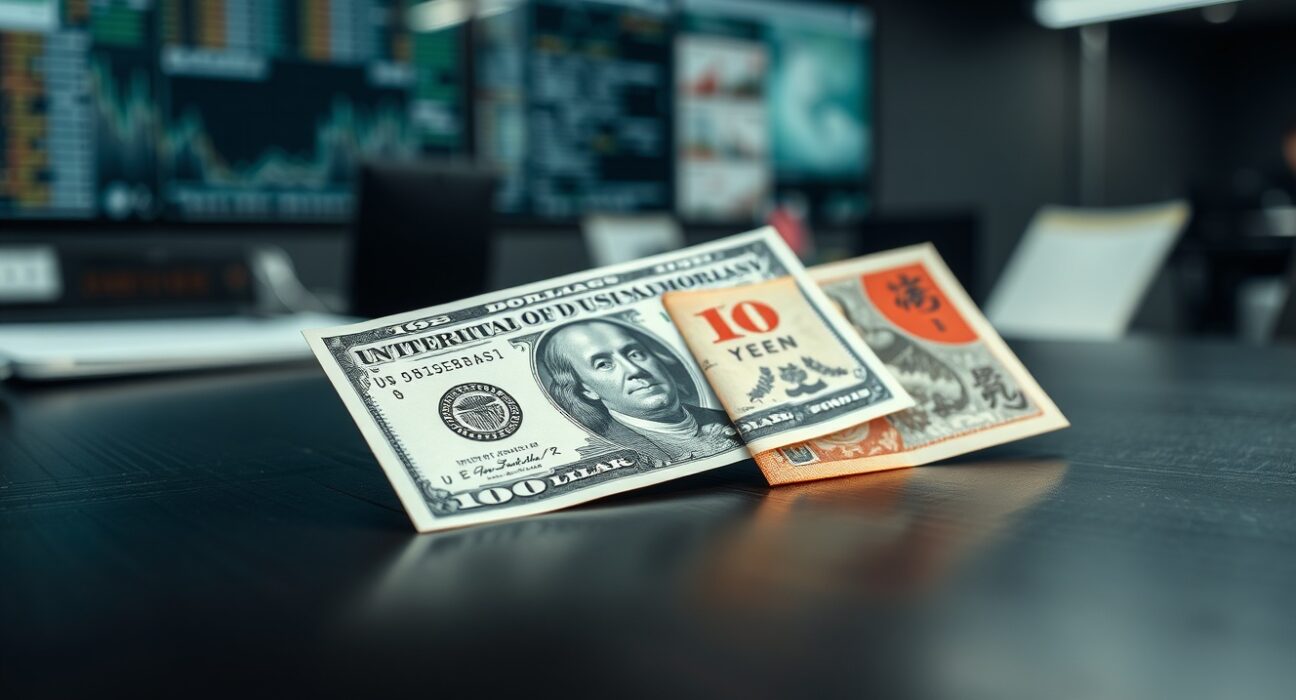 US dollar and Japanese yen banknotes on a dark surface representing currency market movements.