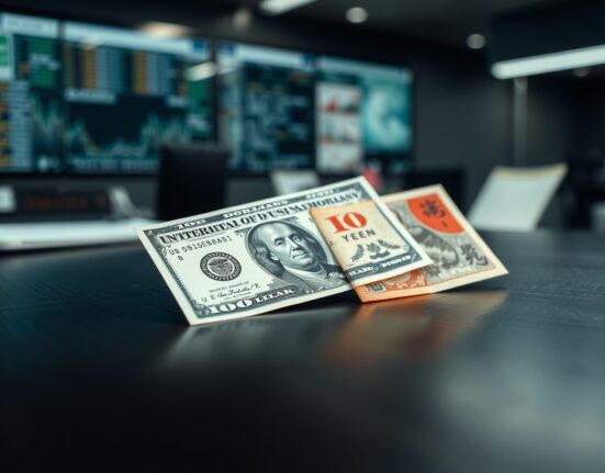 US dollar and Japanese yen banknotes on a dark surface representing currency market movements.