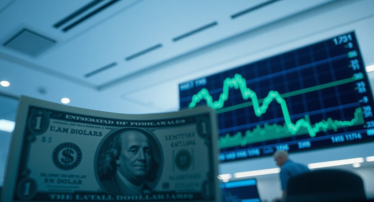 Close-up of a US dollar bill with a glowing horizon in the background symbolizing stabilizing yields and Iran peace hopes.