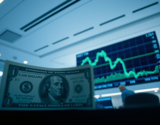 US dollar banknote with a downward trending chart in the background on a trading floor