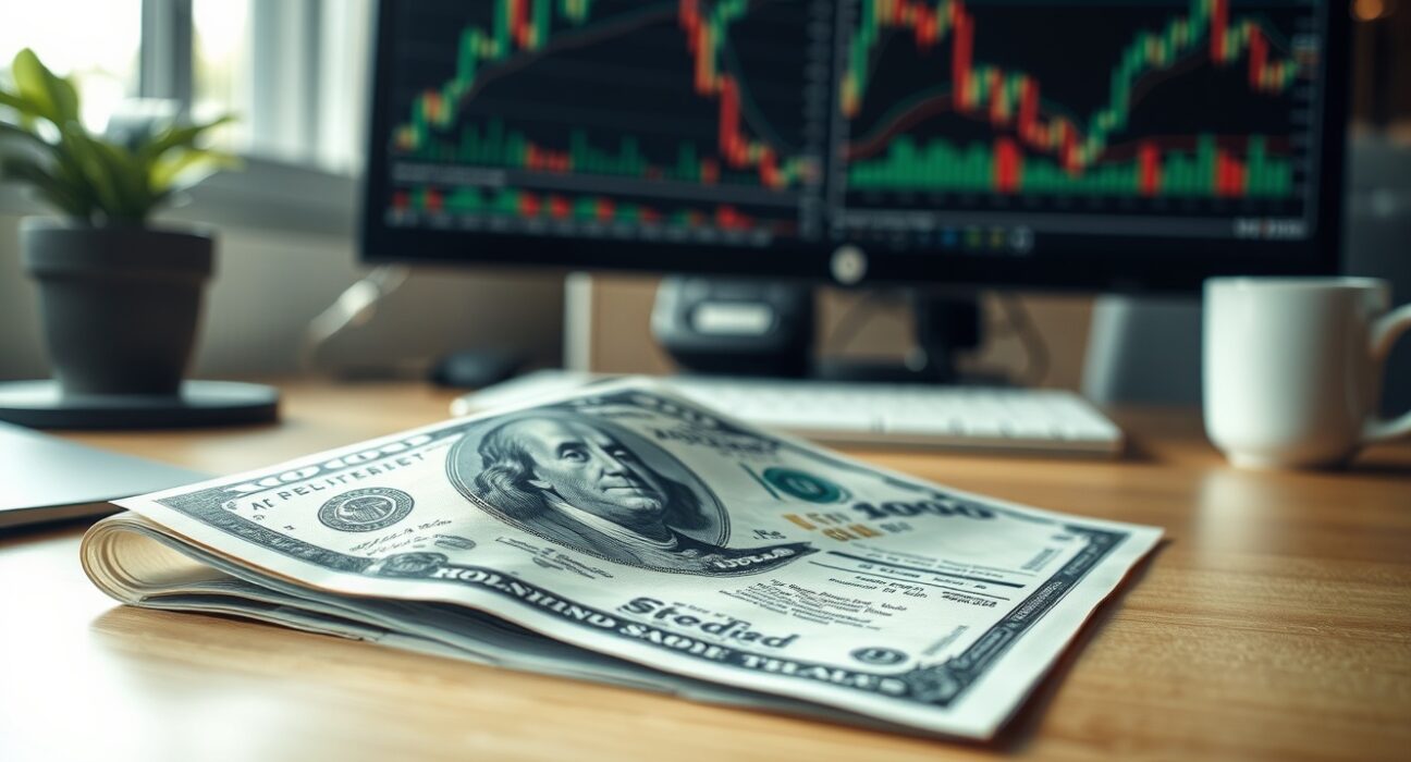 Close-up of a US dollar bill with an economic report and trading chart in the background.