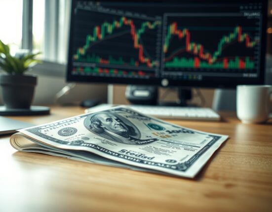 Close-up of a US dollar bill with an economic report and trading chart in the background.