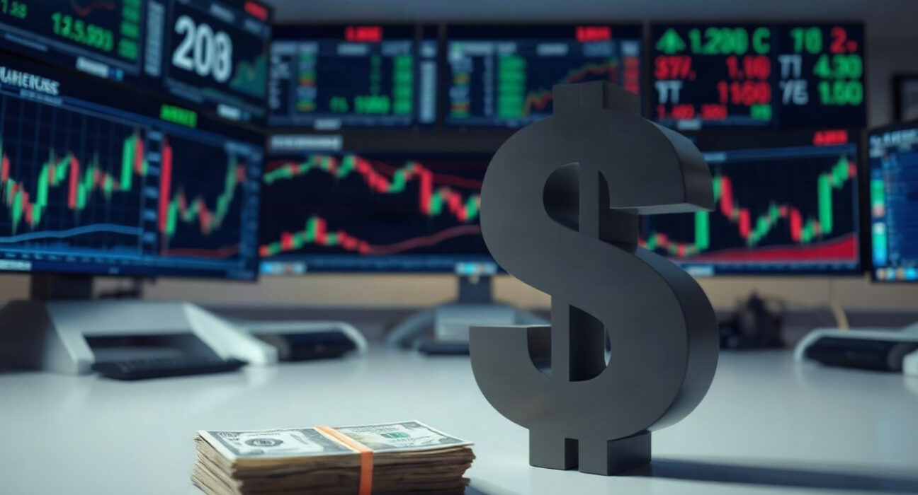 US dollar symbol on a trading desk with financial charts in the background