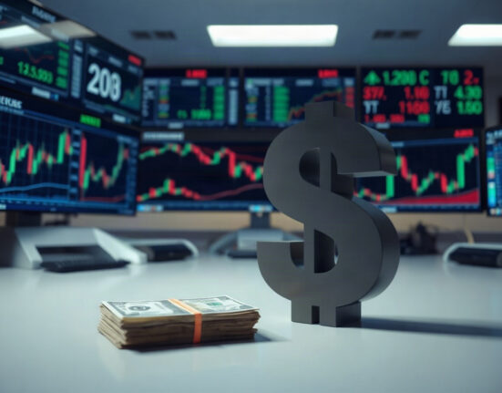 US dollar symbol on a trading desk with financial charts in the background