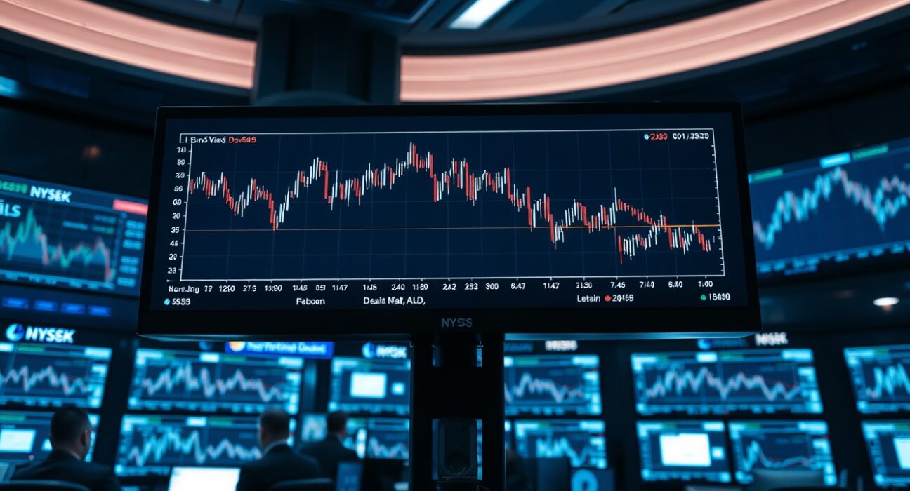 Financial trading floor monitors showing dollar index decline and rising bond yields in a tense market atmosphere.