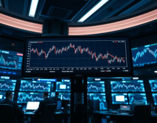 Financial trading floor monitors showing dollar index decline and rising bond yields in a tense market atmosphere.