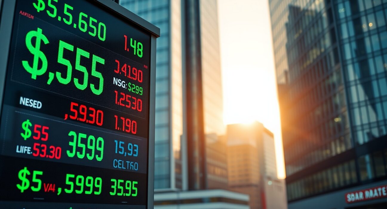 Currency exchange board showing US dollar rates in a financial district at sunrise