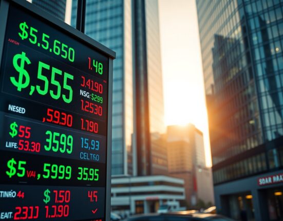 Currency exchange board showing US dollar rates in a financial district at sunrise