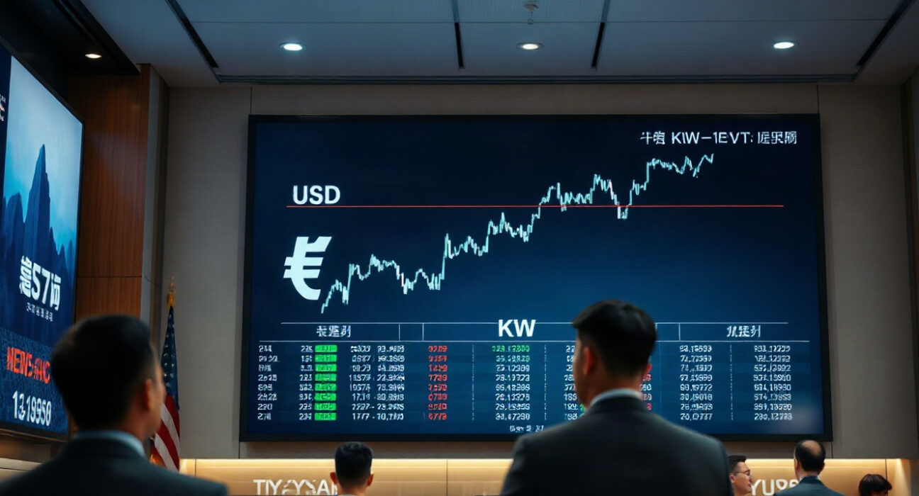 Trading board showing USD/KRW exchange rate and rising chart in a financial dealing room