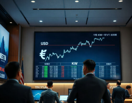 Trading board showing USD/KRW exchange rate and rising chart in a financial dealing room