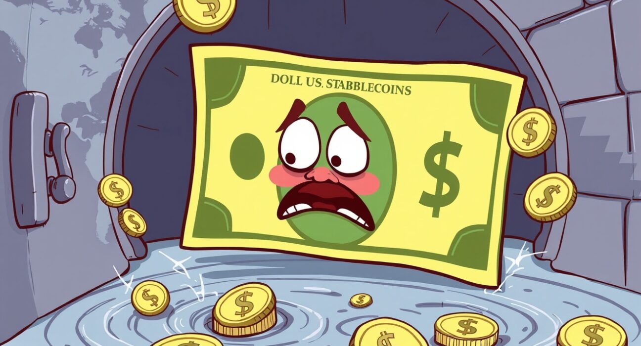 A cartoon illustrating how dollar stablecoins could challenge the U.S. dollar's traditional safe-haven role, causing instability.