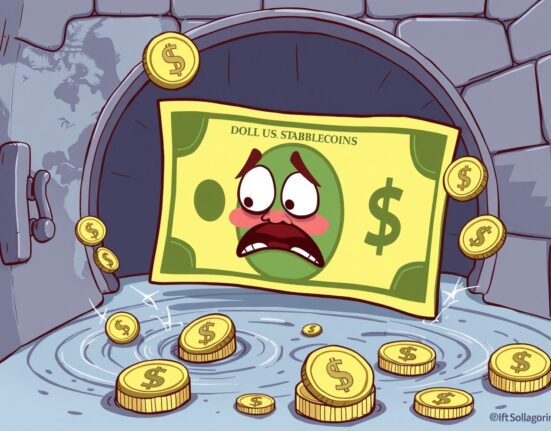 A cartoon illustrating how dollar stablecoins could challenge the U.S. dollar's traditional safe-haven role, causing instability.