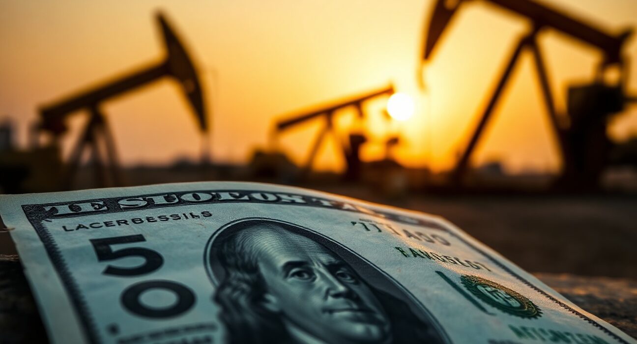 US dollar banknote with oil pumpjack silhouette in background